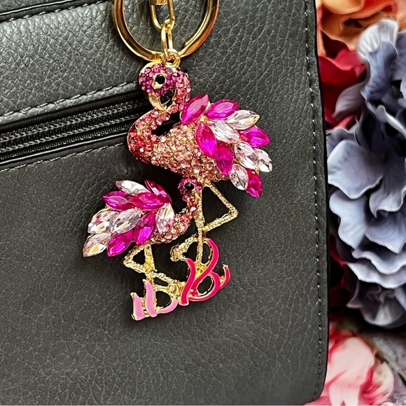 Whimsical Mother Baby Pink Crystal Flamingo Keychain Charm - Picture 7 of 16